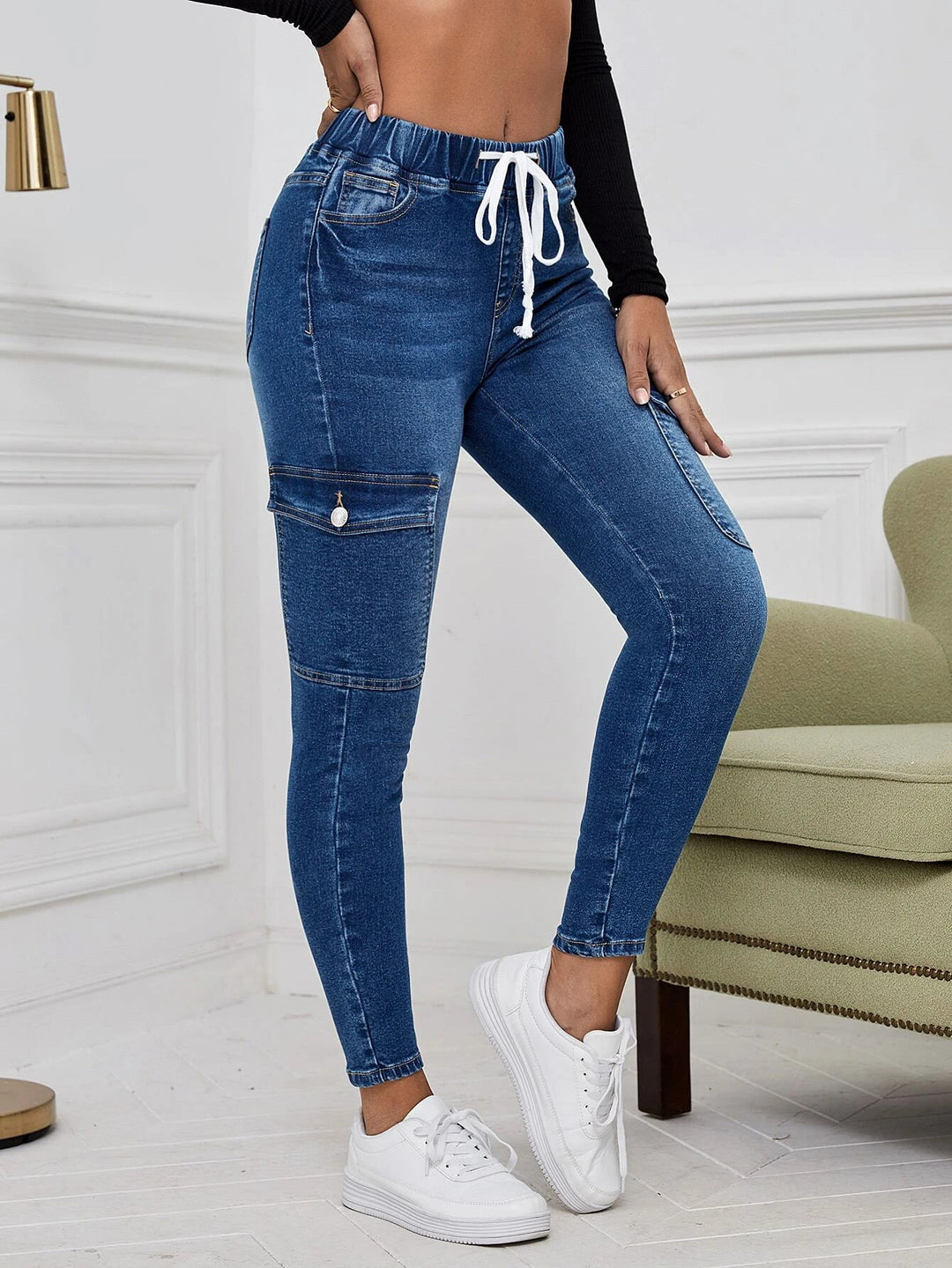 Cargo Jeans With Drawstring Waist And Flap Pockets