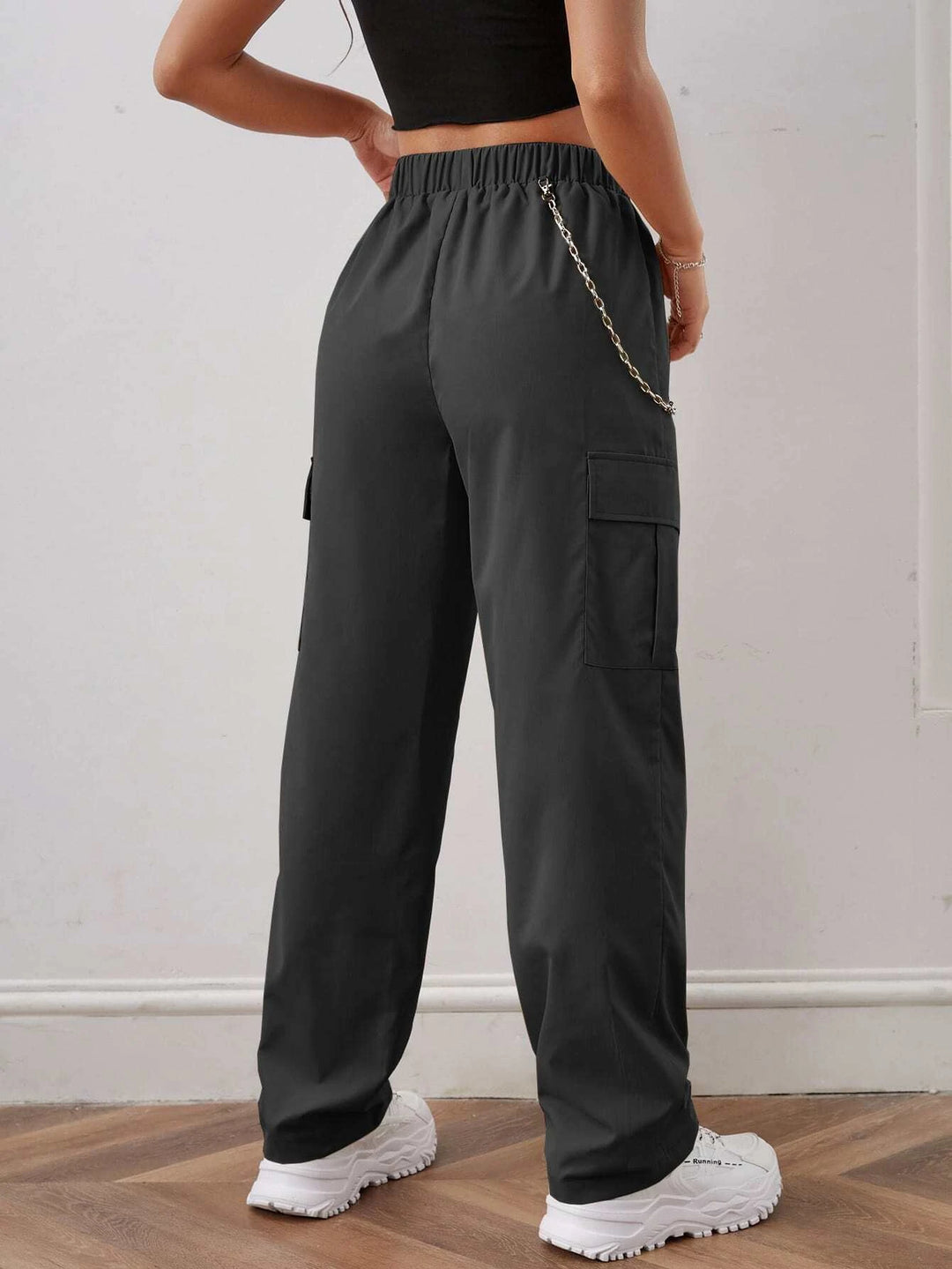 Elastic Waist Cargo Pants With Chain