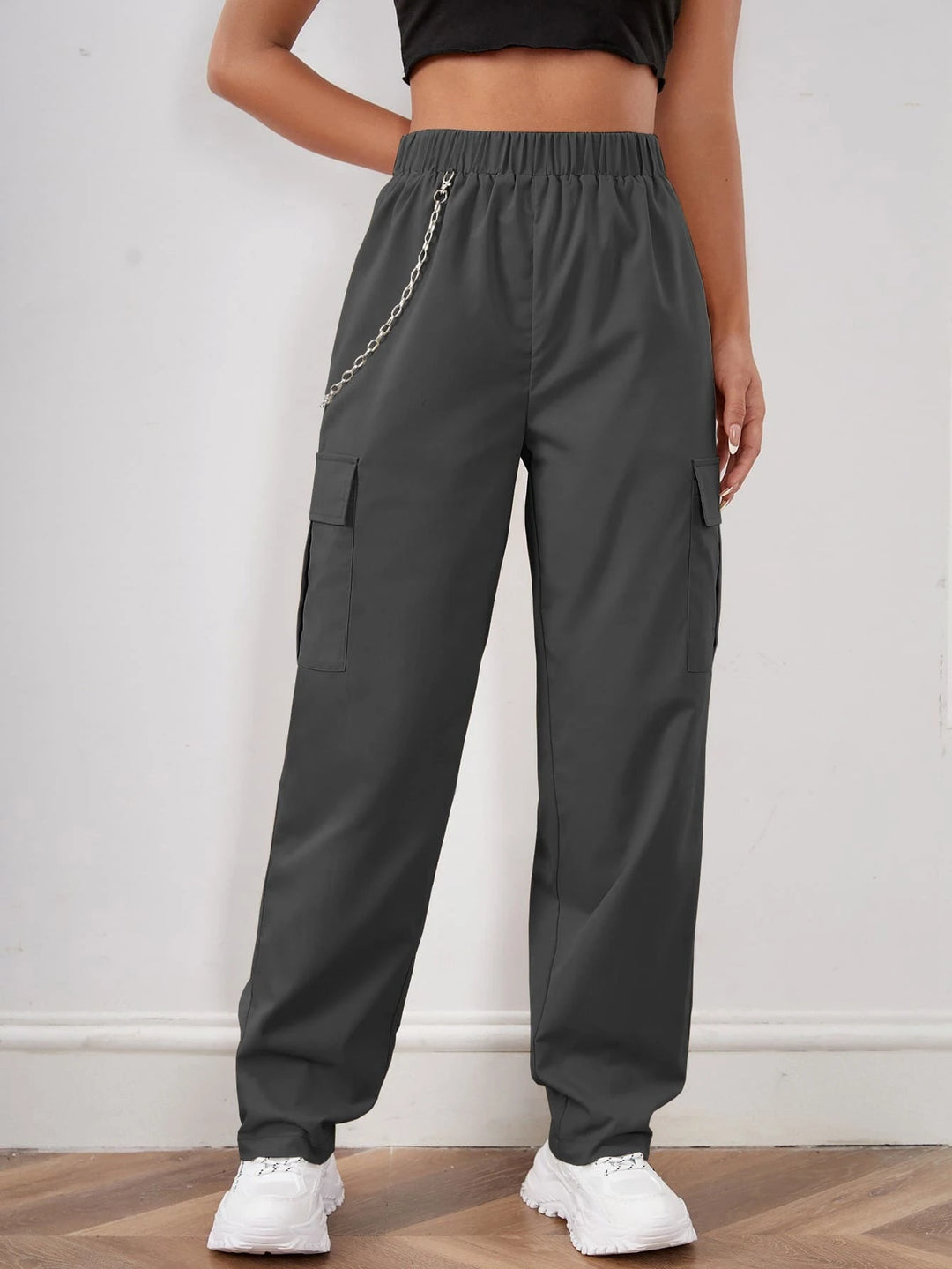 Elastic Waist Cargo Pants With Chain