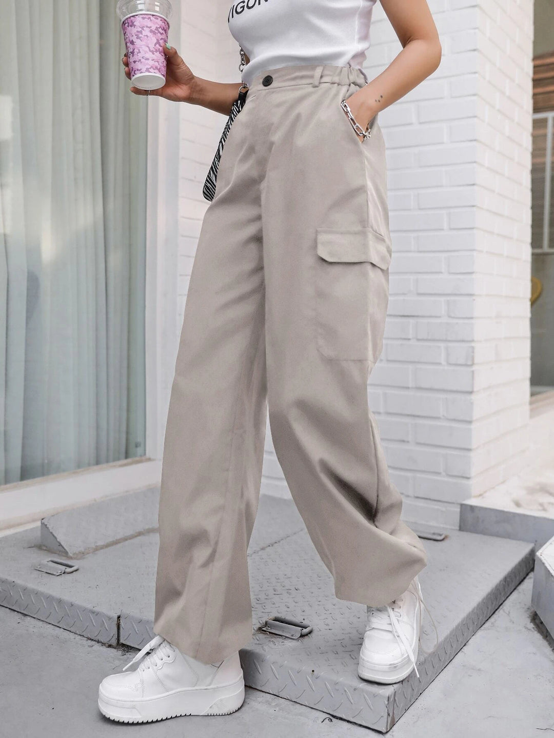 Flap Pocket Drawstring Hem Cargo Pants