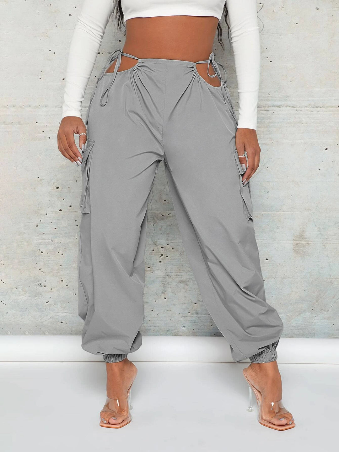 Cut Out Waist Flap Pocket Cargo Pants