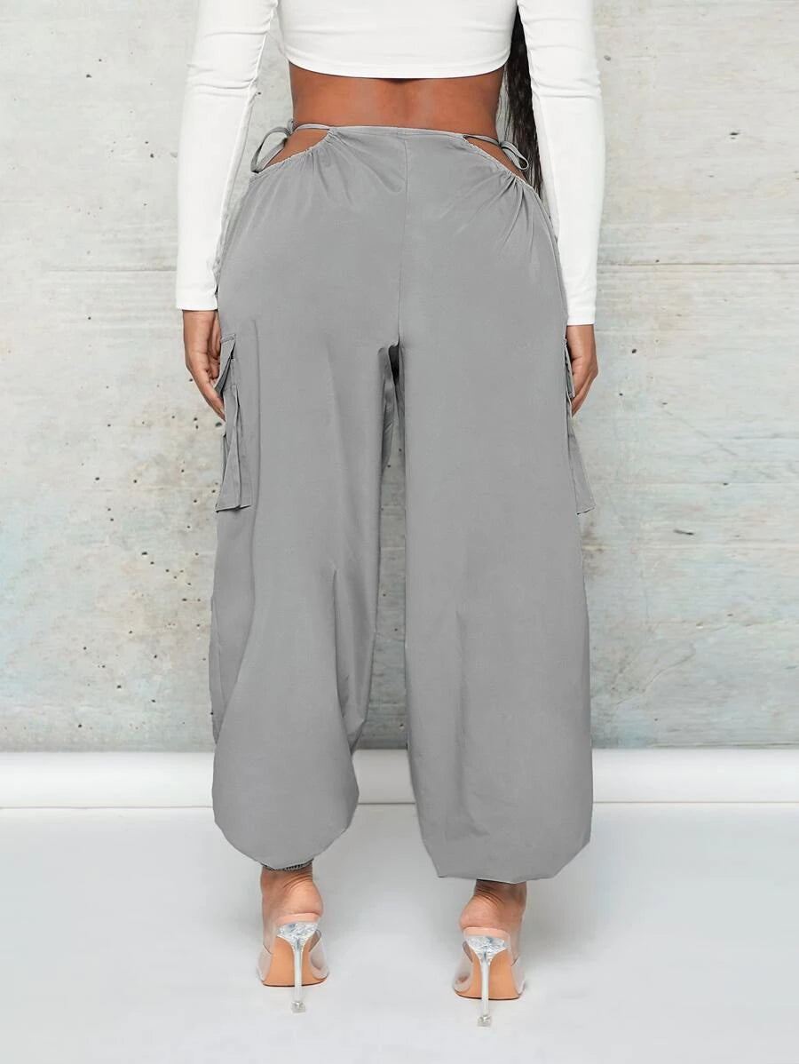 Trendy Cut Out Waist Flap Pocket Cargo Pants