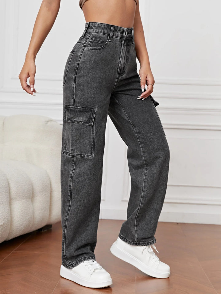 High Waist Flap Pocket Straight Leg Jeans