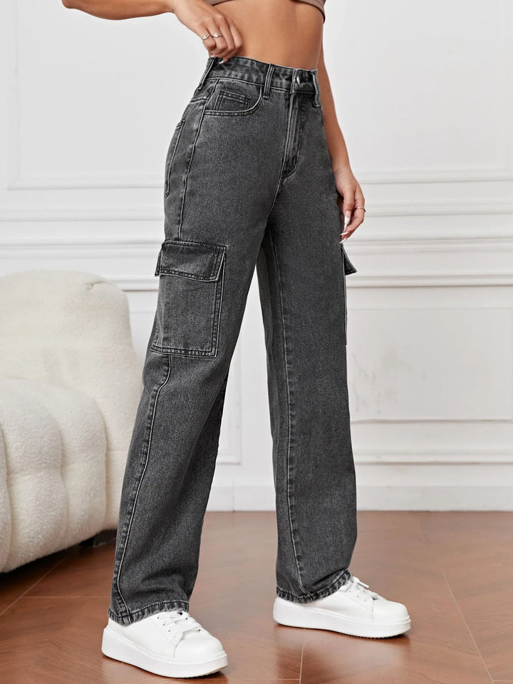 High Waist Flap Pocket Straight Leg Jeans