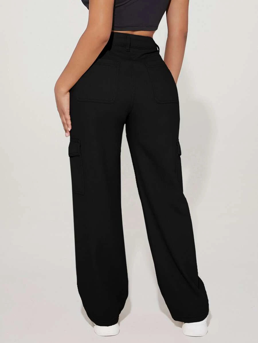 High Waist Flap Side Pocket Cargo Pants