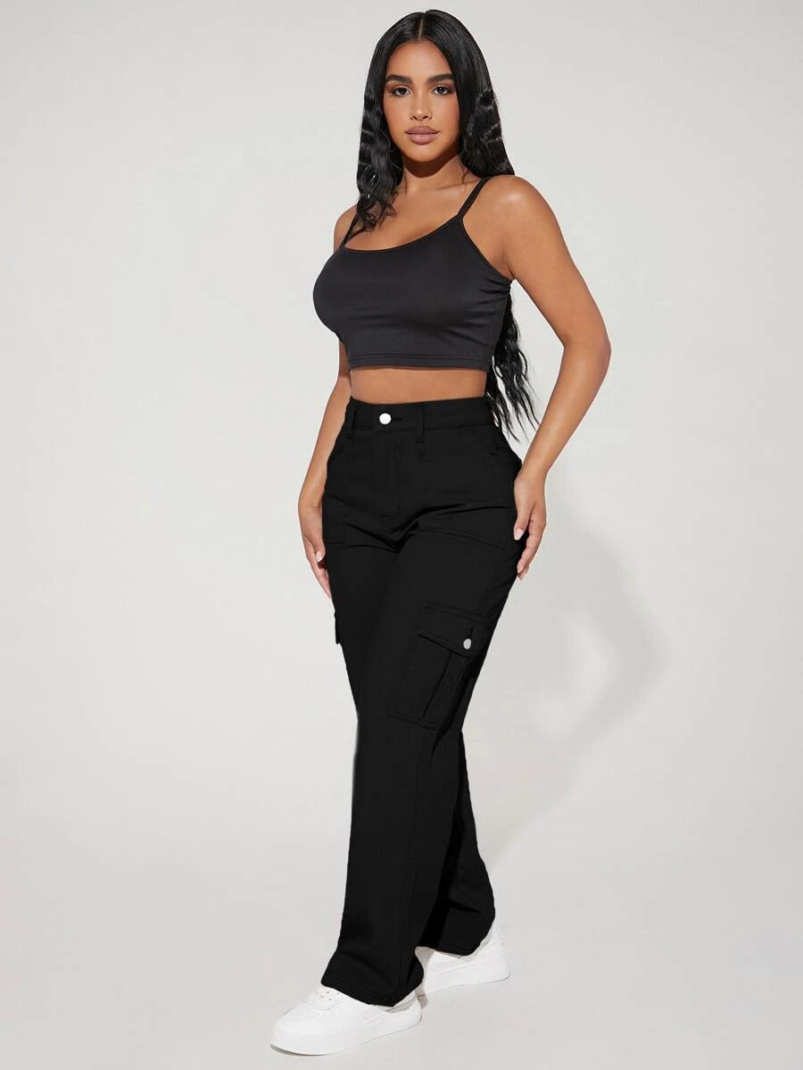 High Waist Flap Side Pocket Cargo Pants