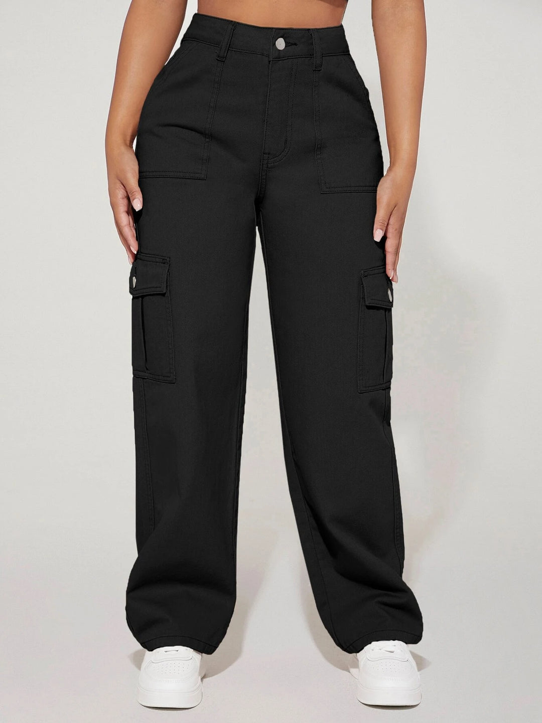 High Waist Flap Pocket Cotton Cargo Jeans