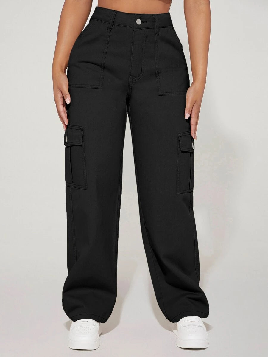 High Waist Flap Pocket Side Cargo Jeans