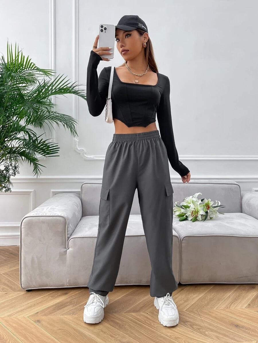 High Waist Side Pocket Flap Cargo Pants