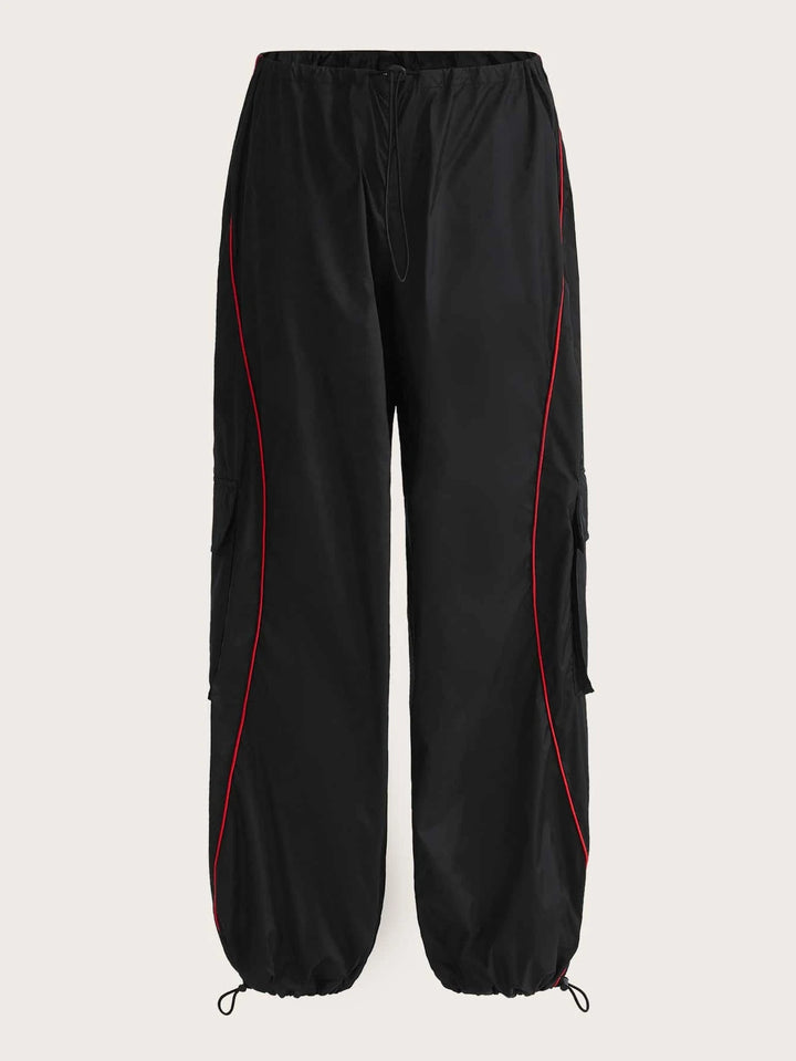 Contrast Piping Flap Pocket Cargo Parachute Pant
