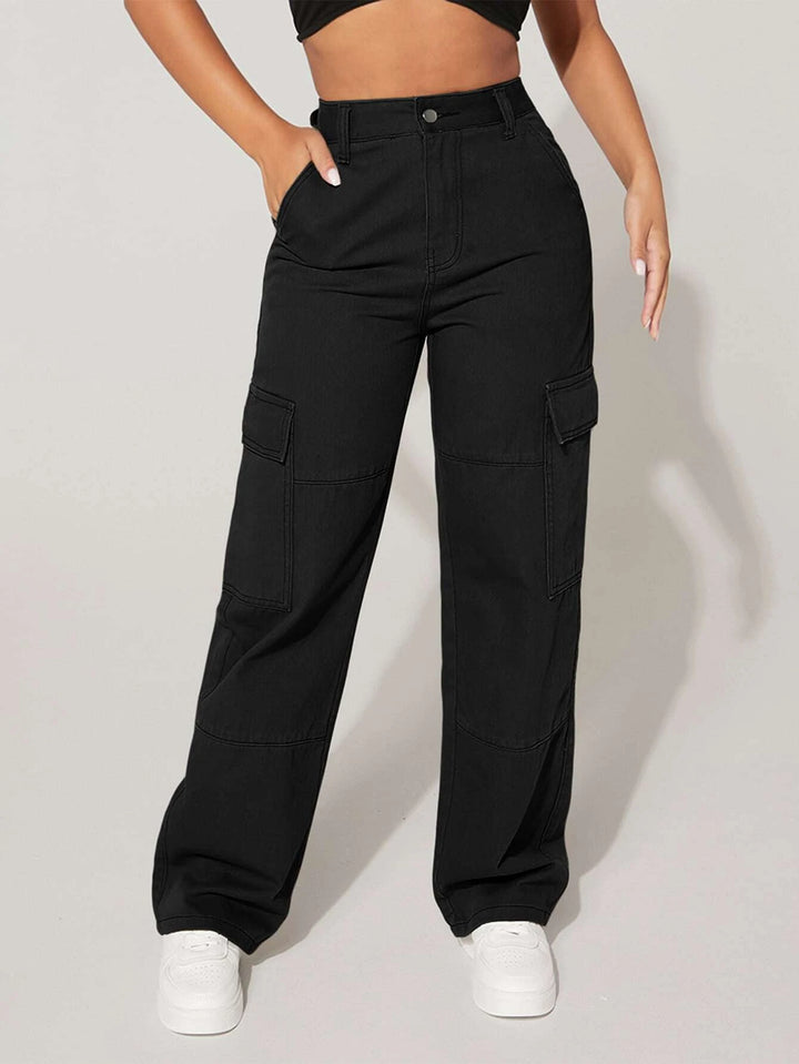 High Waist Cargo Flap Pocket Jeans