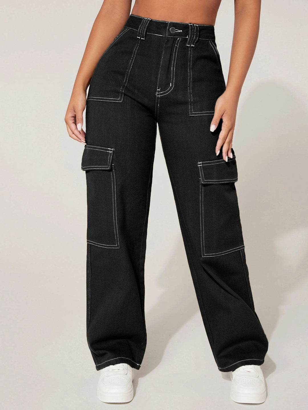 High Rise Flap Pocket Cargo Jeans