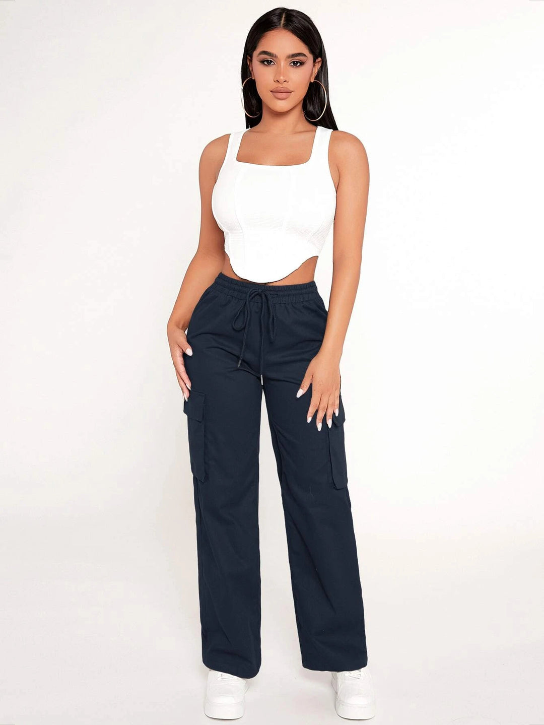 Flap Pocket Cargo Drawstring Waist Pants