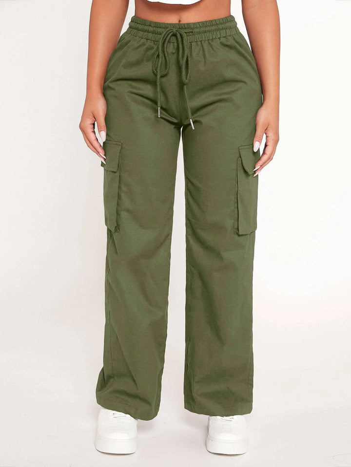 Flap Pocket Cargo Drawstring Waist Pants