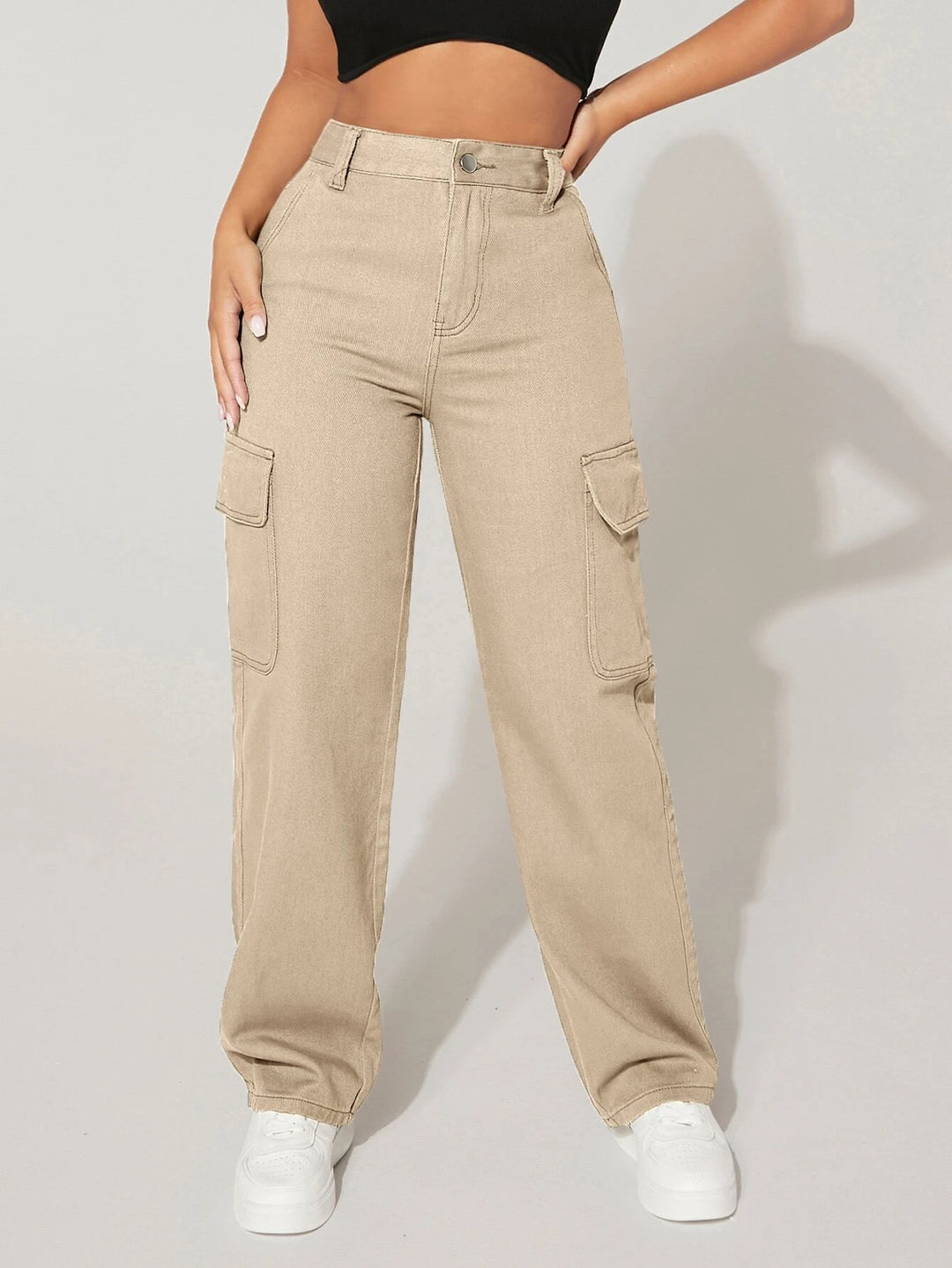High Waist Functional Flap Pocket Cargo Jeans