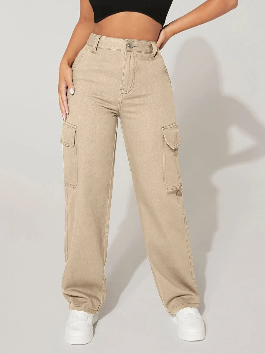 High Waist Flap Pocket Easy Wear Cargo Jeans