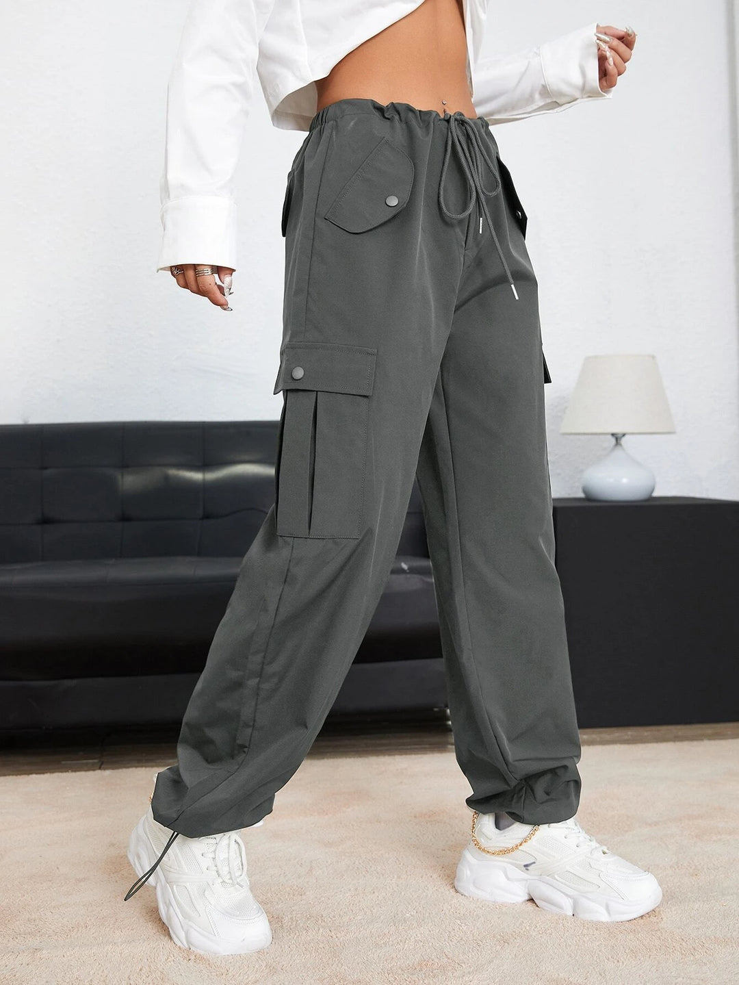 Drawstring Waist Plain Parachute Pants