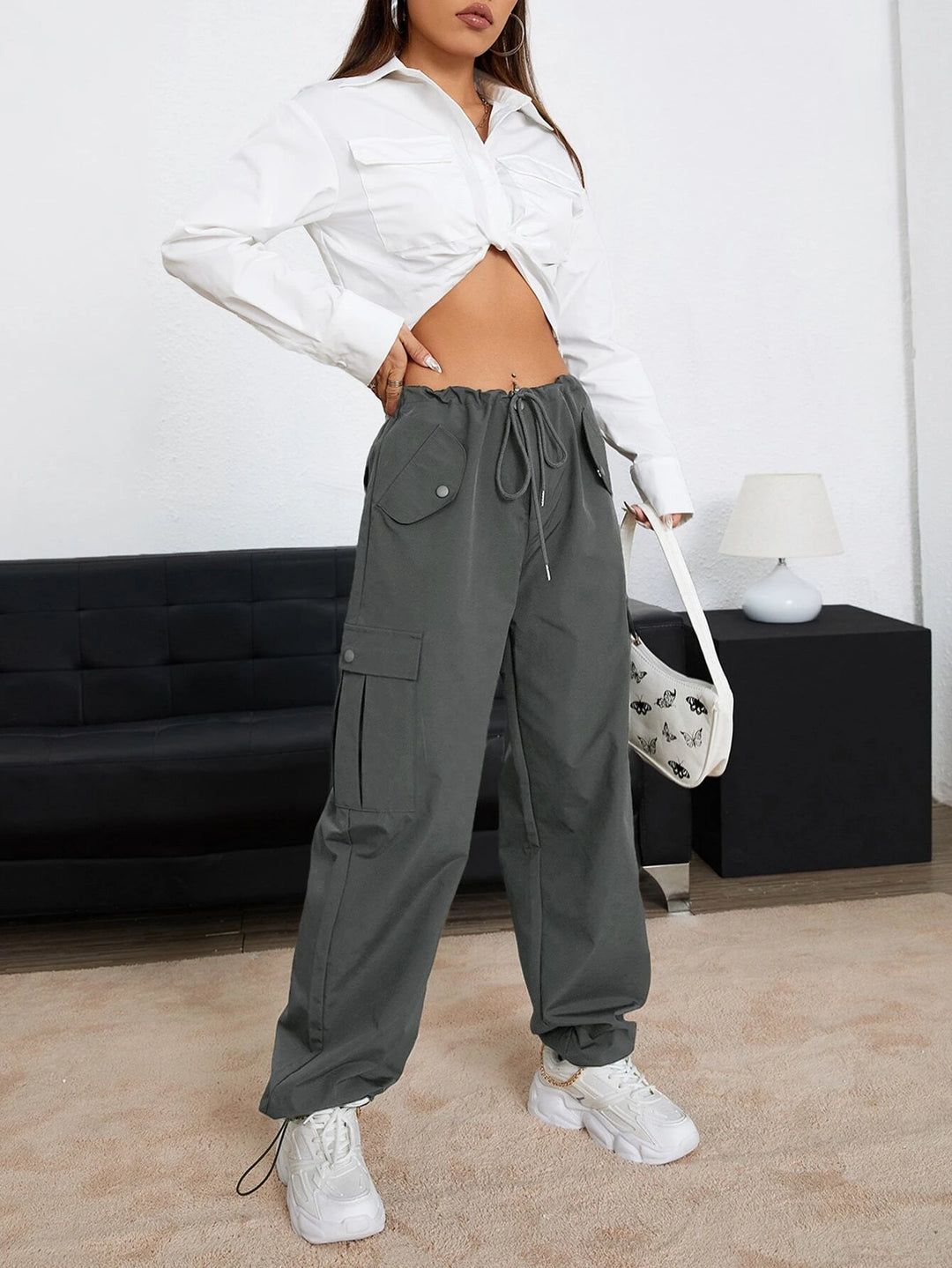 Long Drawstring Waist Parachute Pants