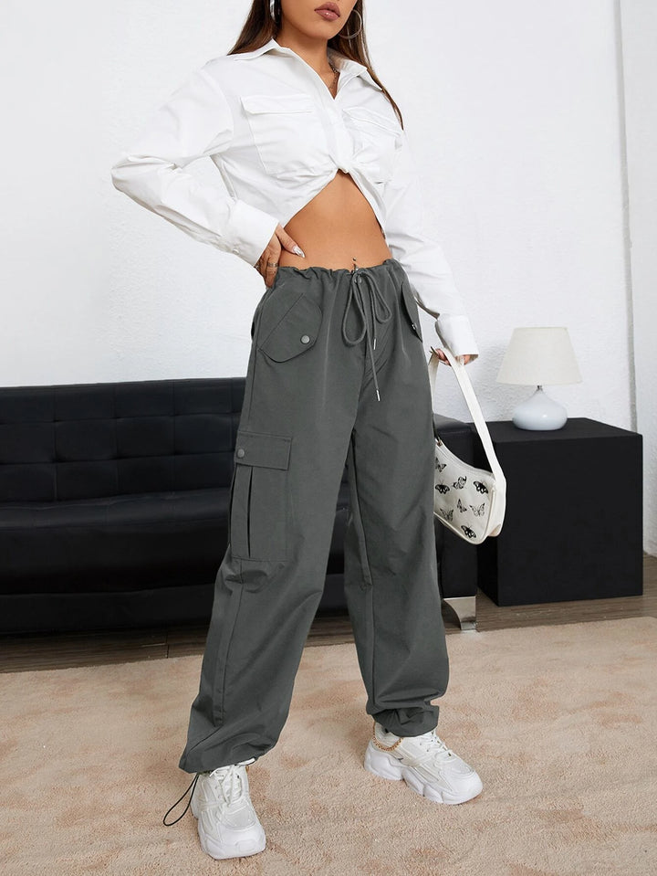 Flap Pocket Drawstring Waist Parachute Pants