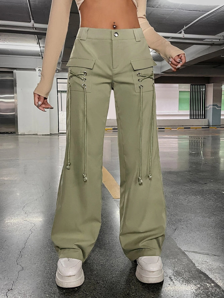 Low Rise Grommet Lace Up Flap Pocket Side Cargo Pants