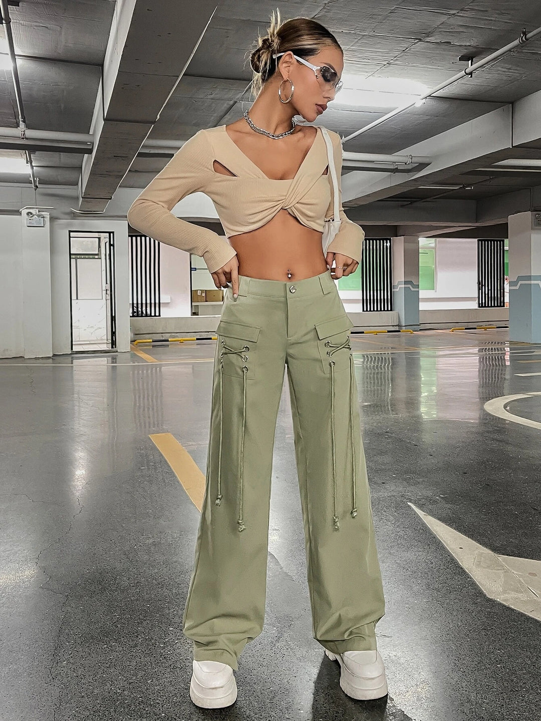 Low Rise Grommet Lace Up Flap Pocket Side Cargo Pants