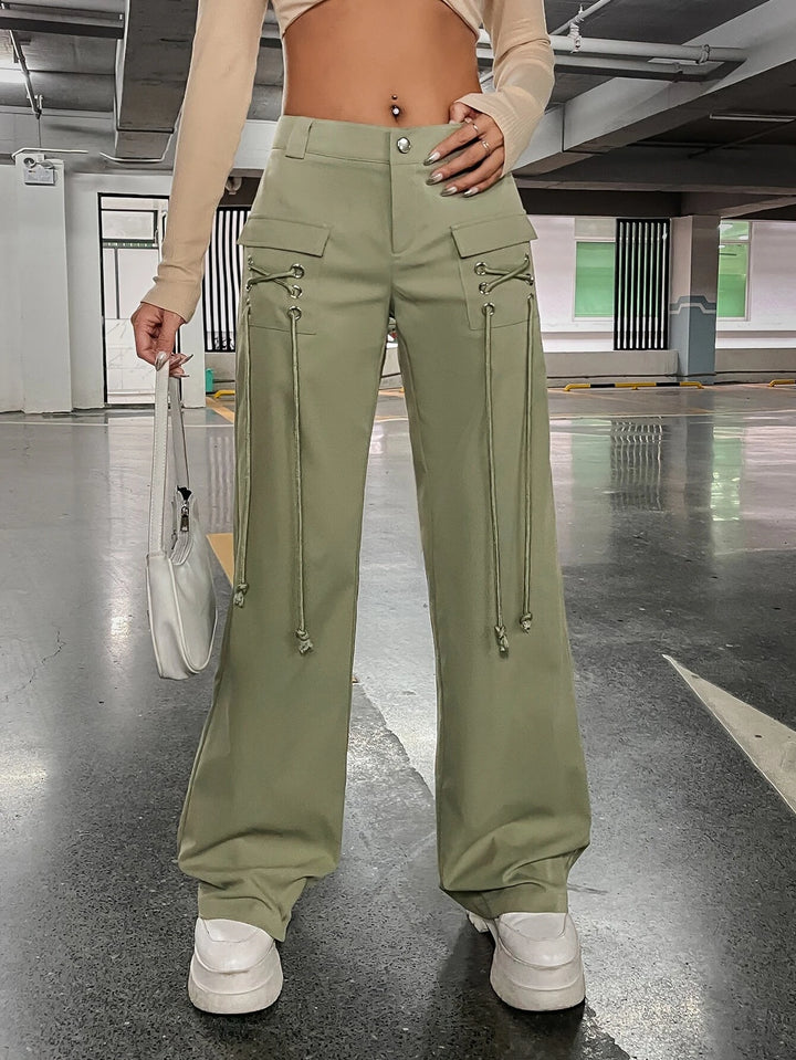 Low Rise Grommet Lace Up Flap Pocket Side Cargo Pants