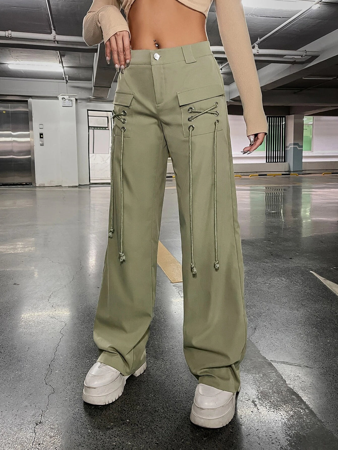 Low Rise Grommet Lace Up Flap Pocket Side Cargo Pants