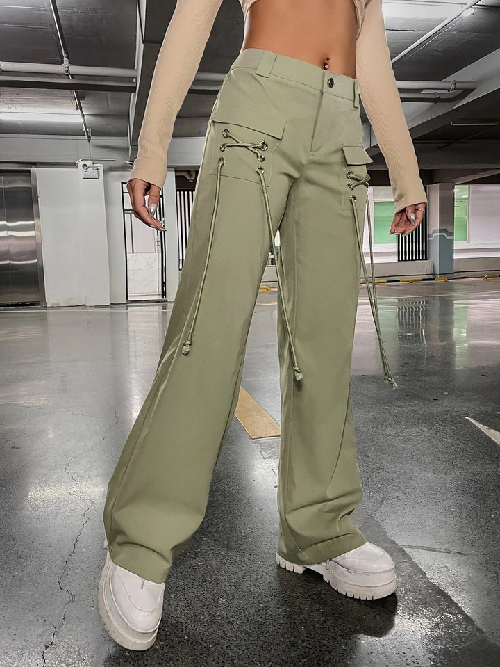 Low Rise Grommet Lace Up Flap Pocket Side Cargo Pants