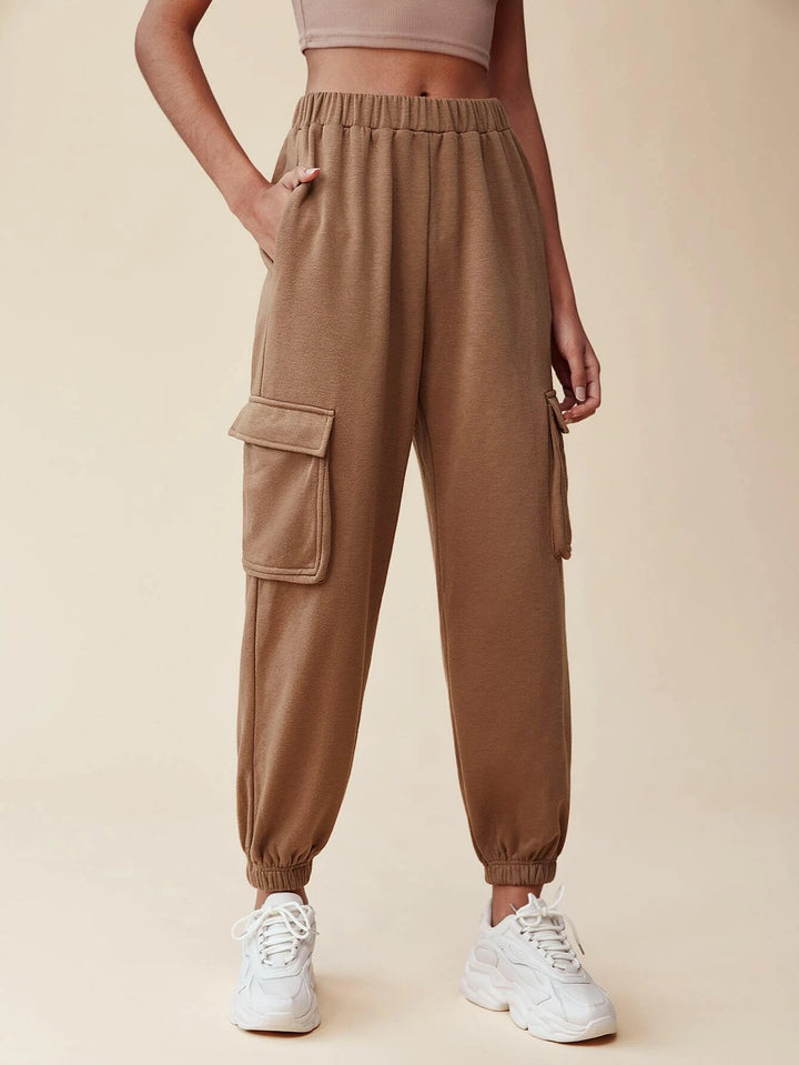 Flap Pocket Side Elastic Waist Cargo Pants