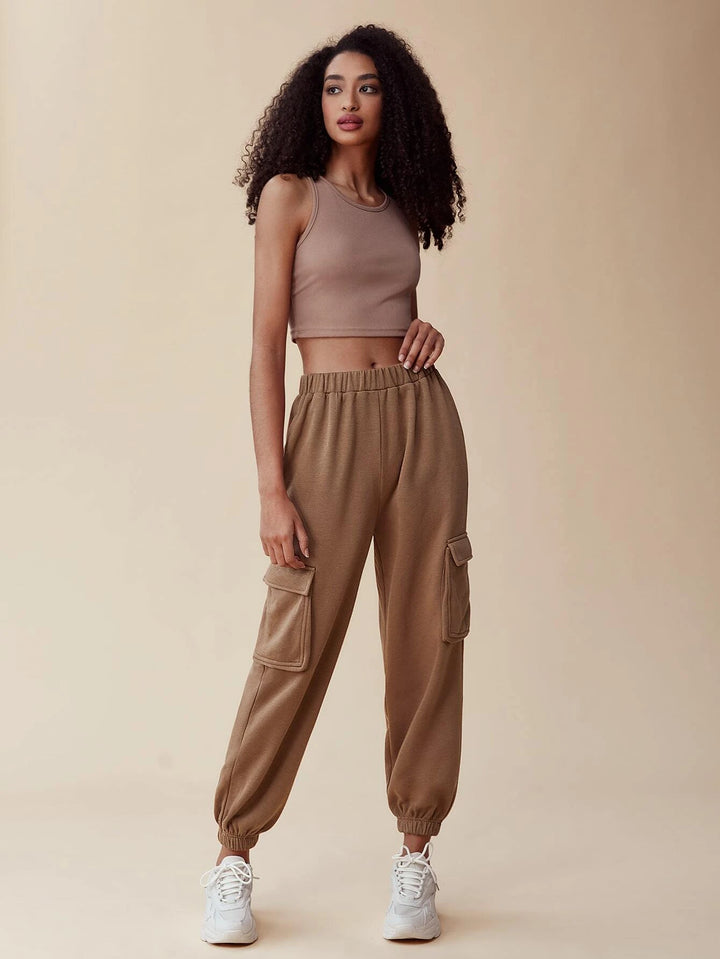 Flap Pocket Side Elastic Waist Cargo Pants