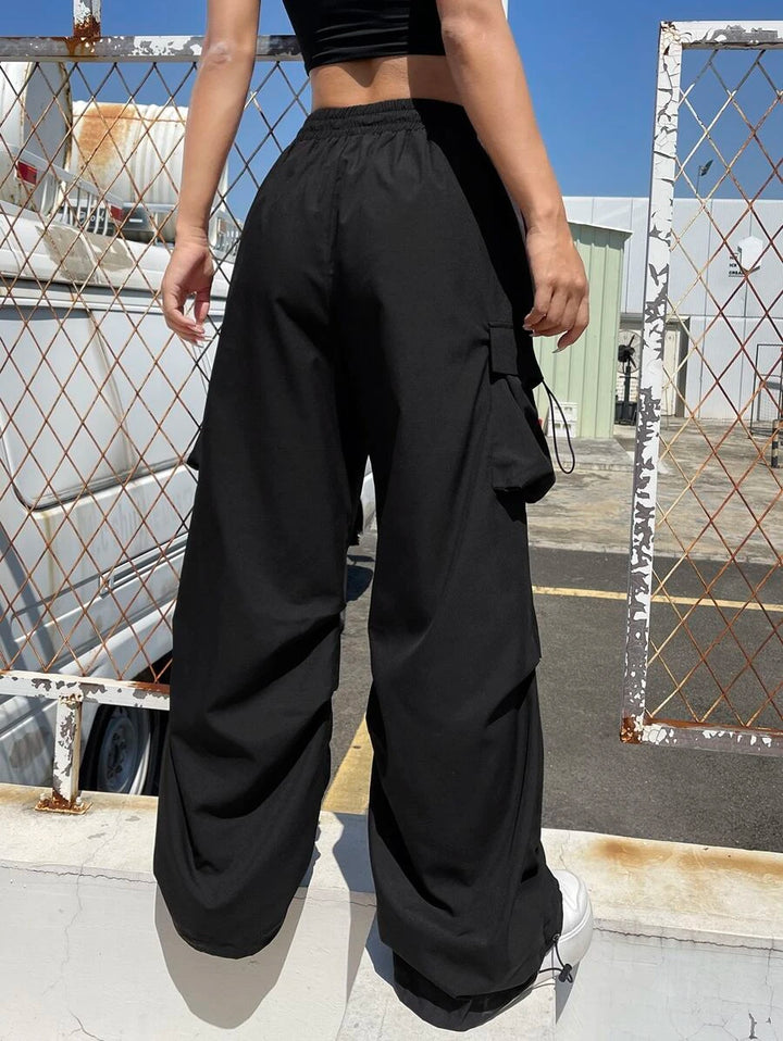 Flap Pocket Side Drawstring Waist Parachute Cargo Pants