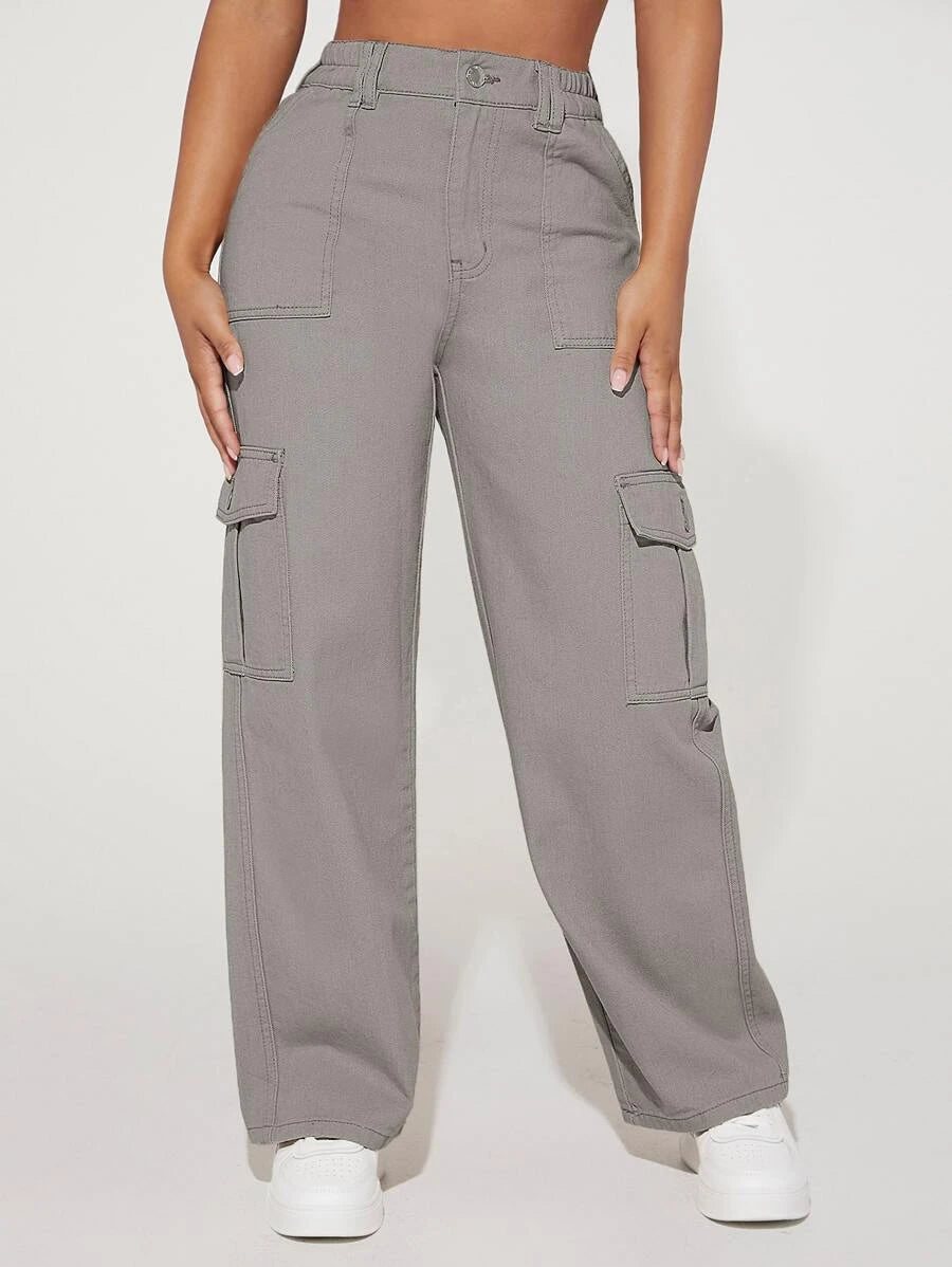 Denim High Waist Flap Pocket Cotton Cargo Jeans
