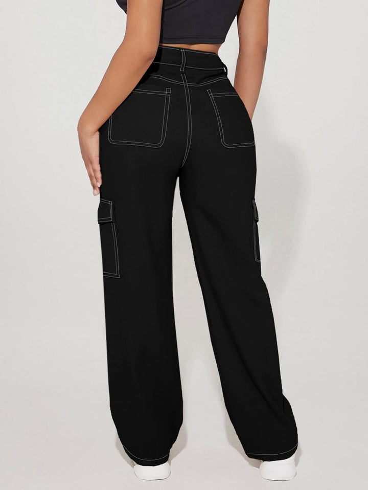 High Waist Flap Pocket Side Cargo Jeans