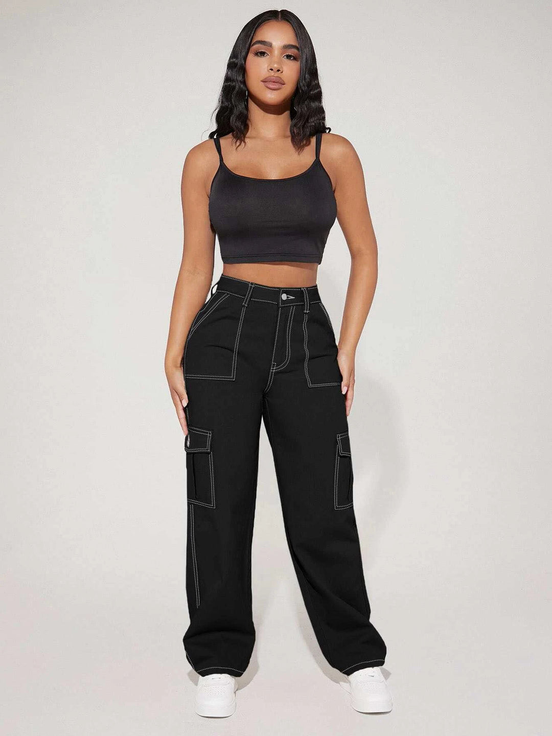 High Waist Flap Pocket Side Cargo Jeans