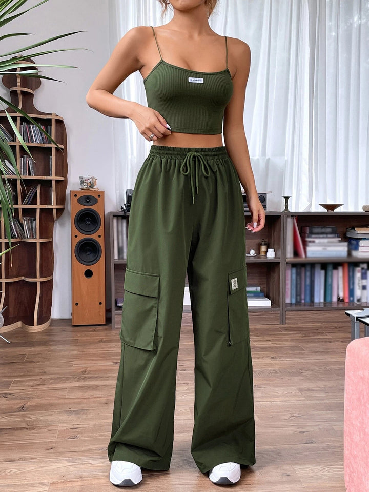 Letter Patched Cami Top And Cargo Pants