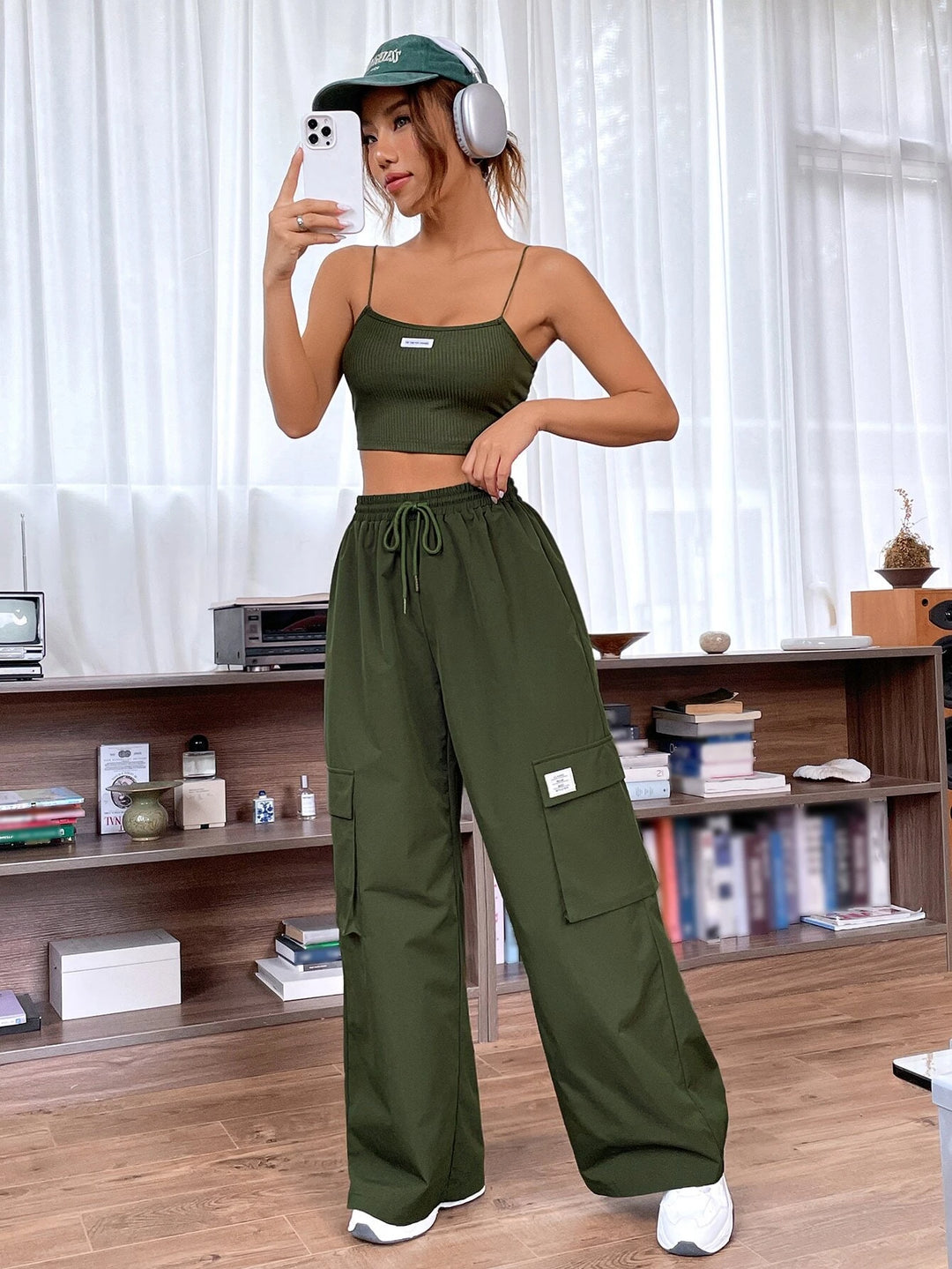 Letter Patched Cami Top And Cargo Pants