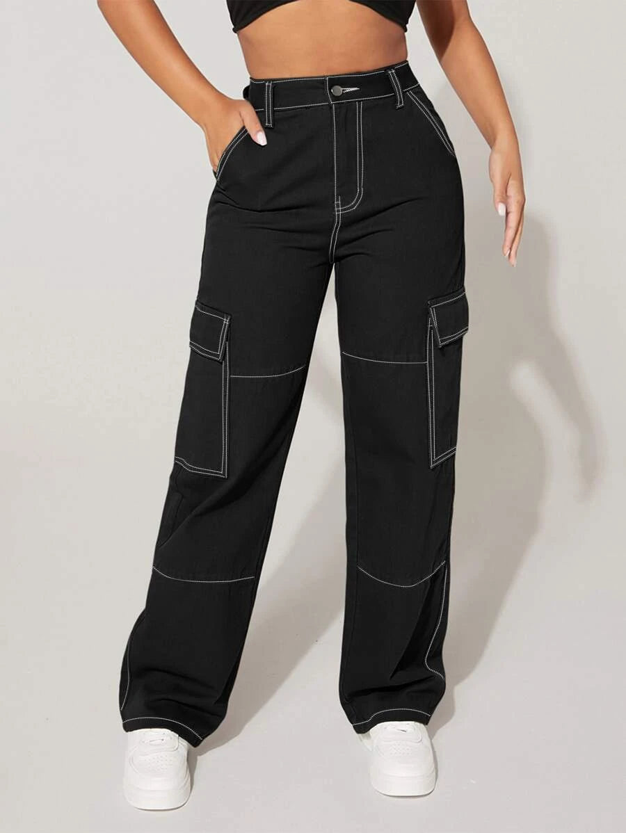 Trendy Flap Pocket High Waist Denim Cargo Jeans