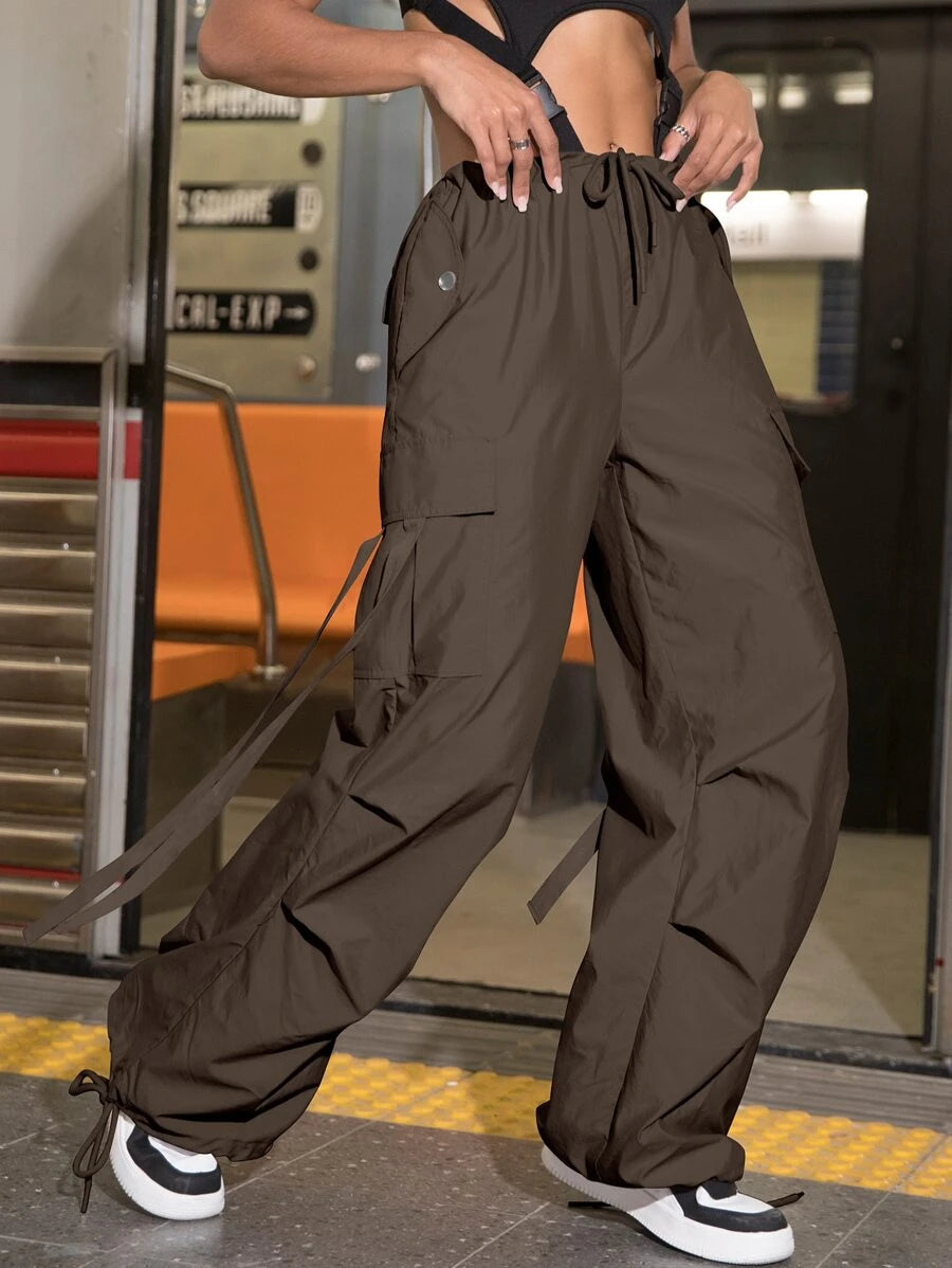 Flap Pocket Drawstring Hem Cargo Parachute Pants