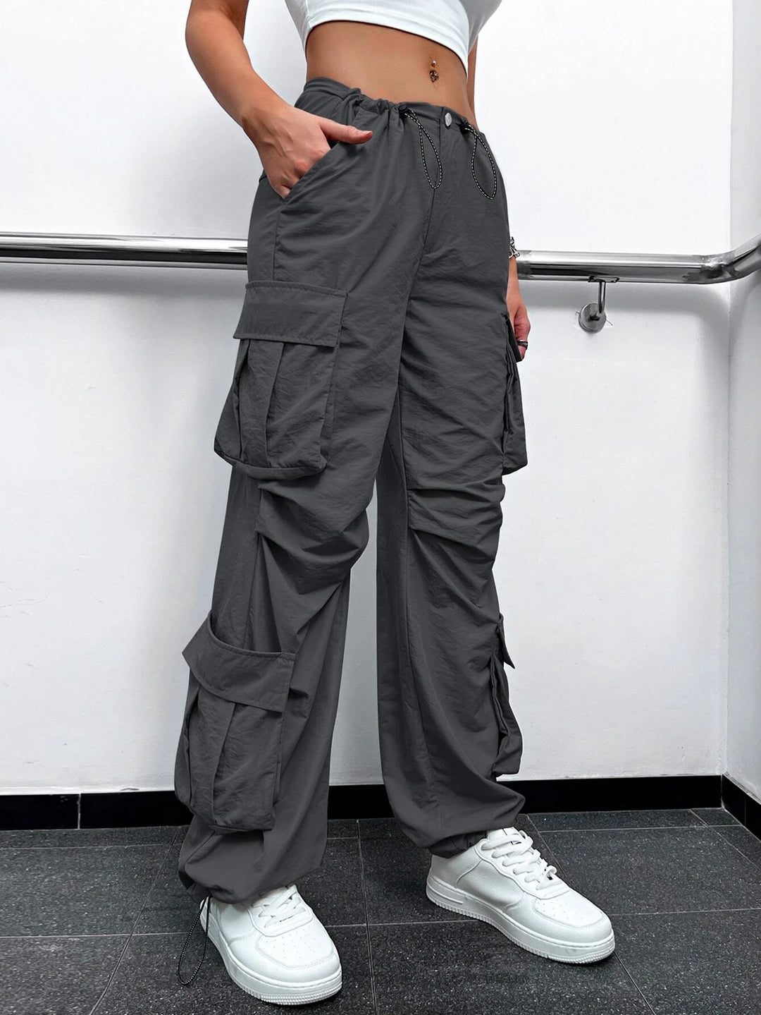 Drawstring High Waist Ruched Parachute Pants