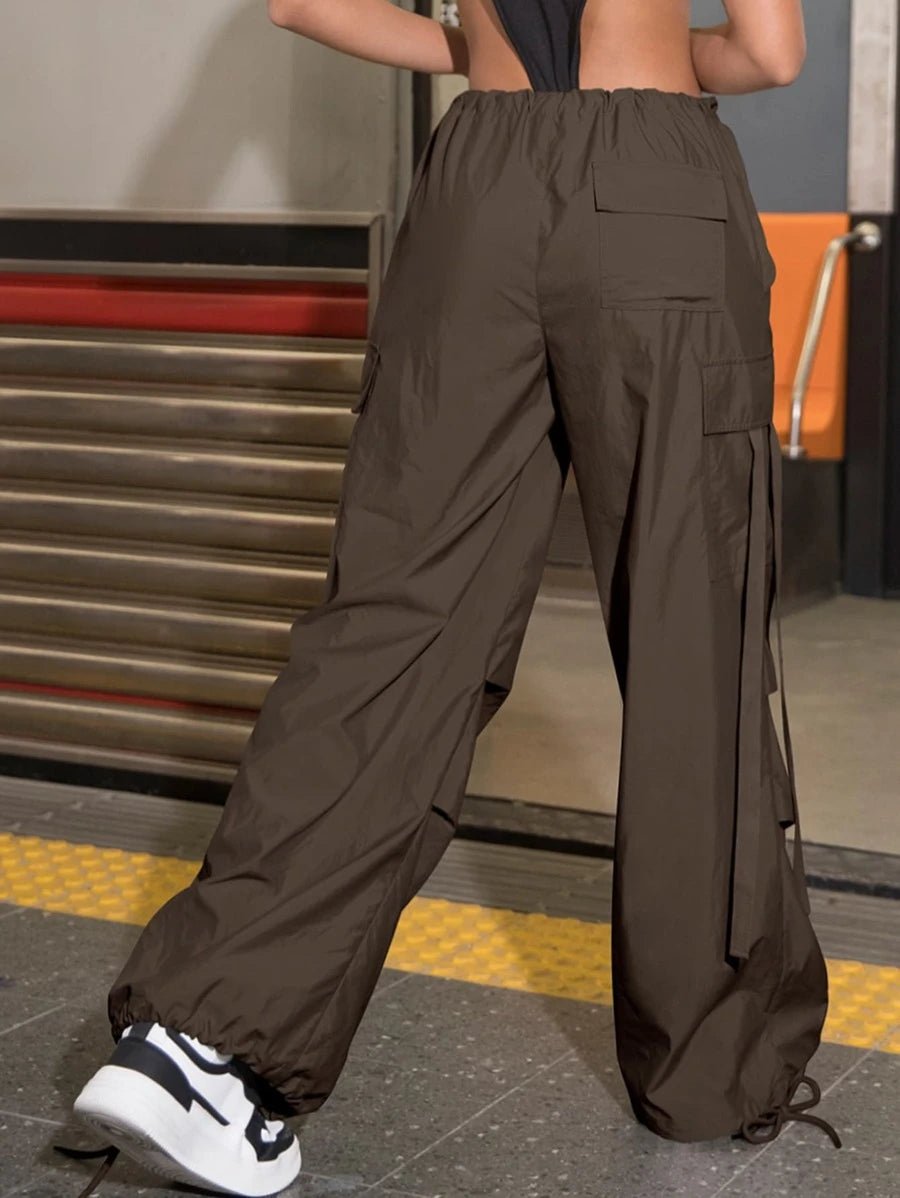 Flap Pocket Drawstring Hem Cargo Parachute Pants