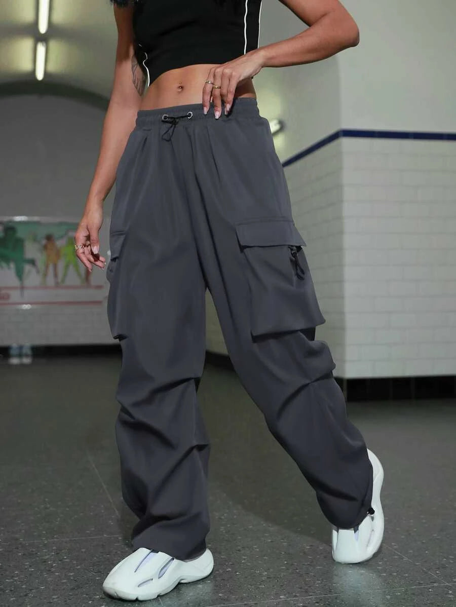 Hip Hop Flap Pocket Drawstring Waist Parachute Cargo Pants