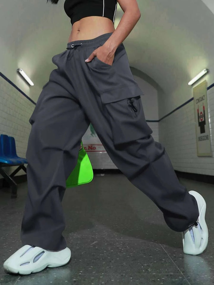 Hip Hop Flap Pocket Drawstring Waist Parachute Cargo Pants