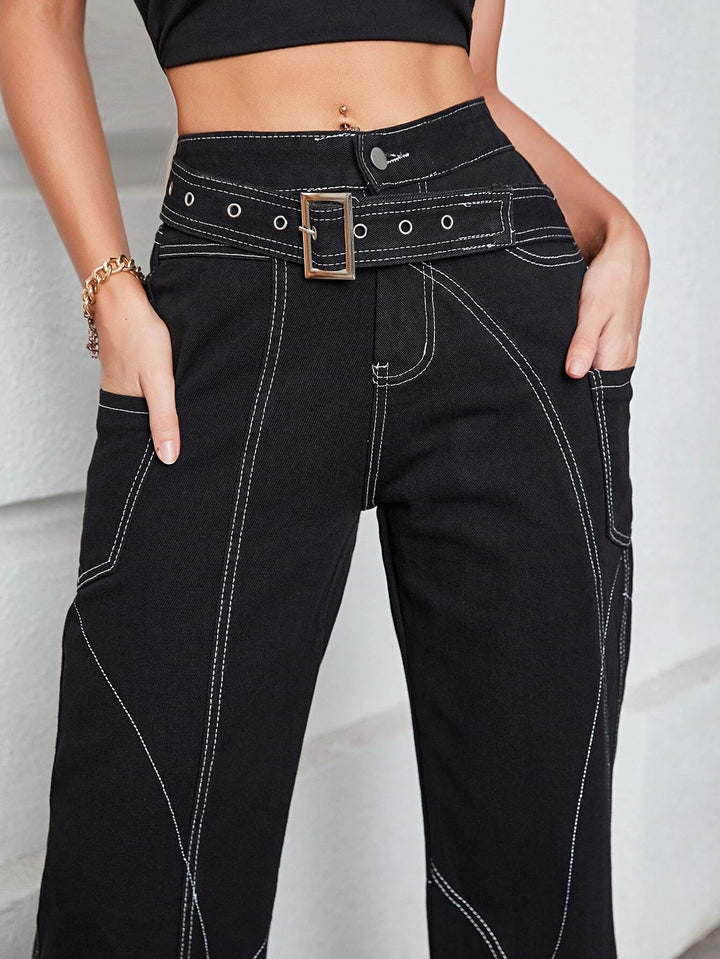 High Waist Pocket Leg Belted Cargo Pants