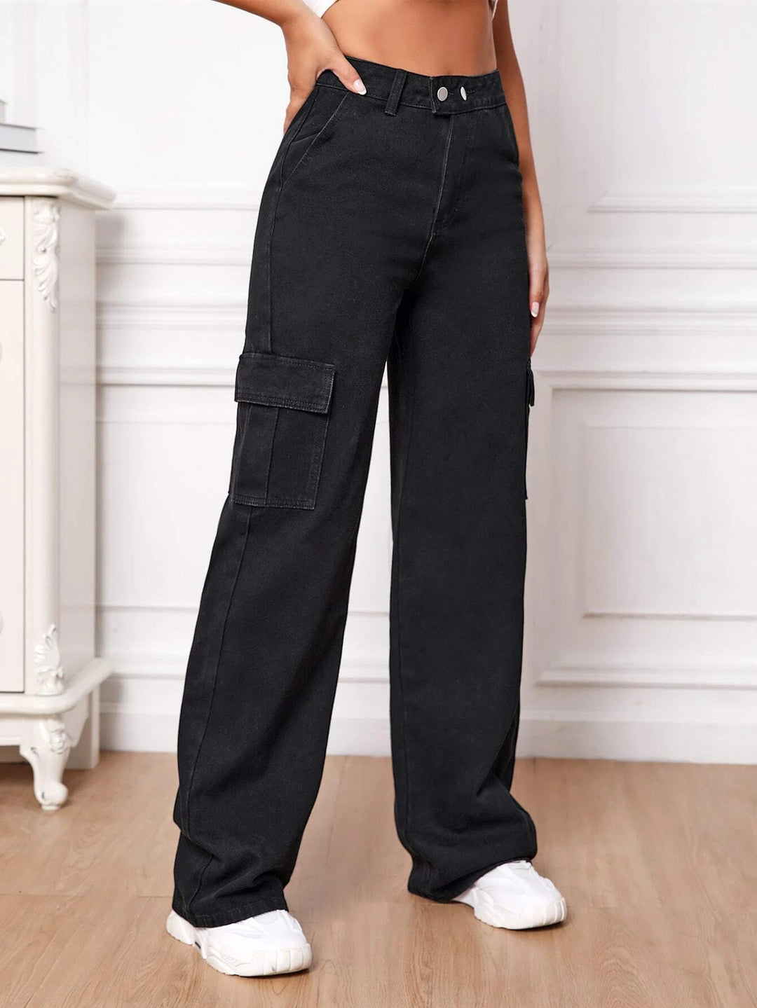 High Waist Flap Pocket Cargo Jeans