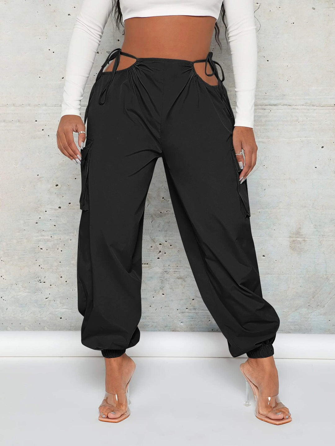 Cut Out Waist Flap Pocket Cargo Pants