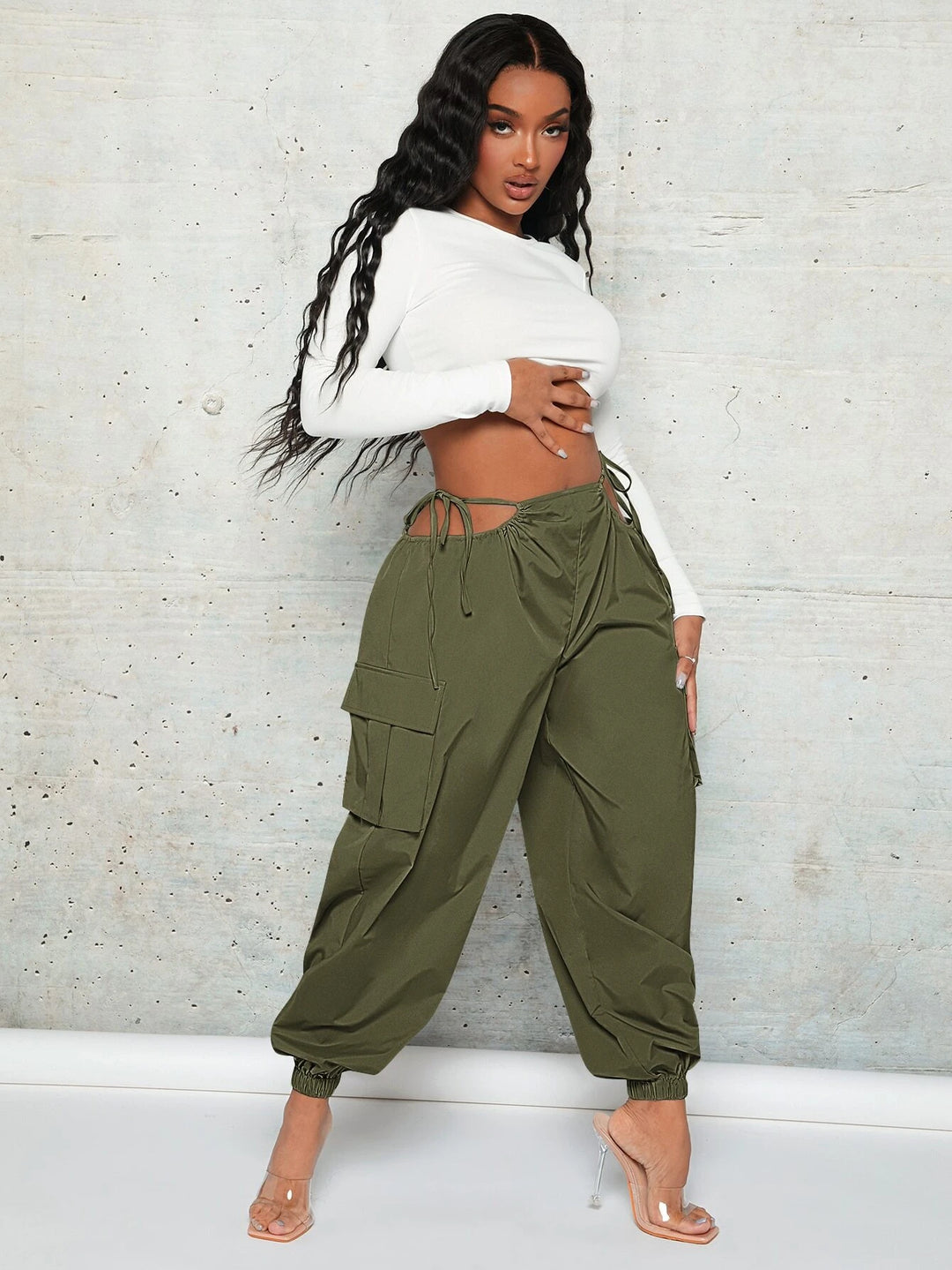 Cut Out Waist Flap Pocket Cargo Pants