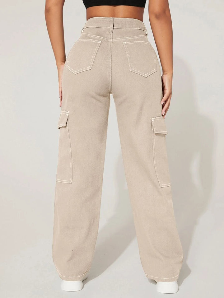 Trendy High Waist Flap Pocket Denim Cargo Jeans