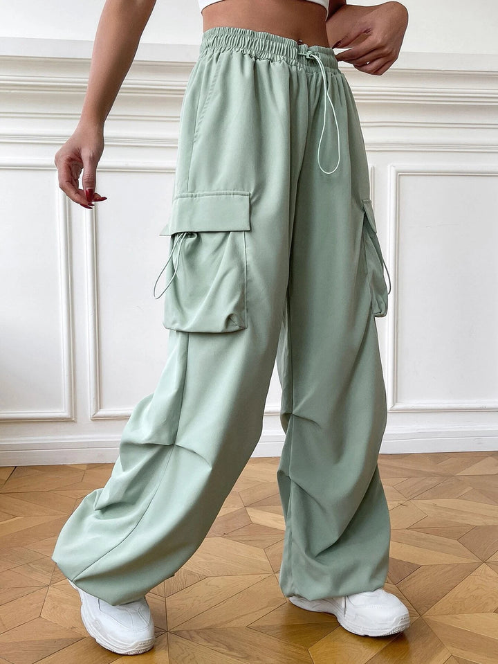 Flap Pocket Side Drawstring Waist Parachute Cargo Pants