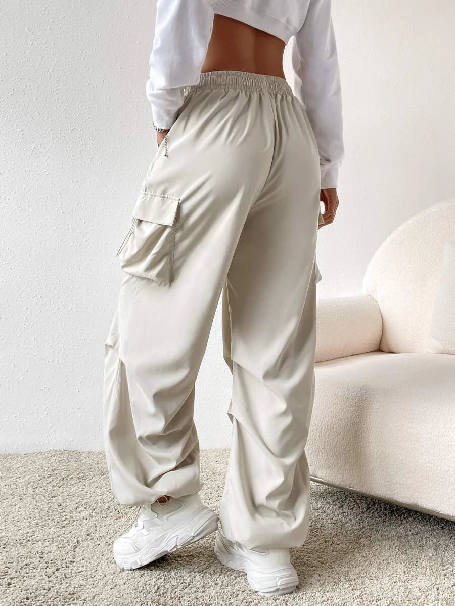 Flap Pocket Side Drawstring Waist Parachute Cargo Pants