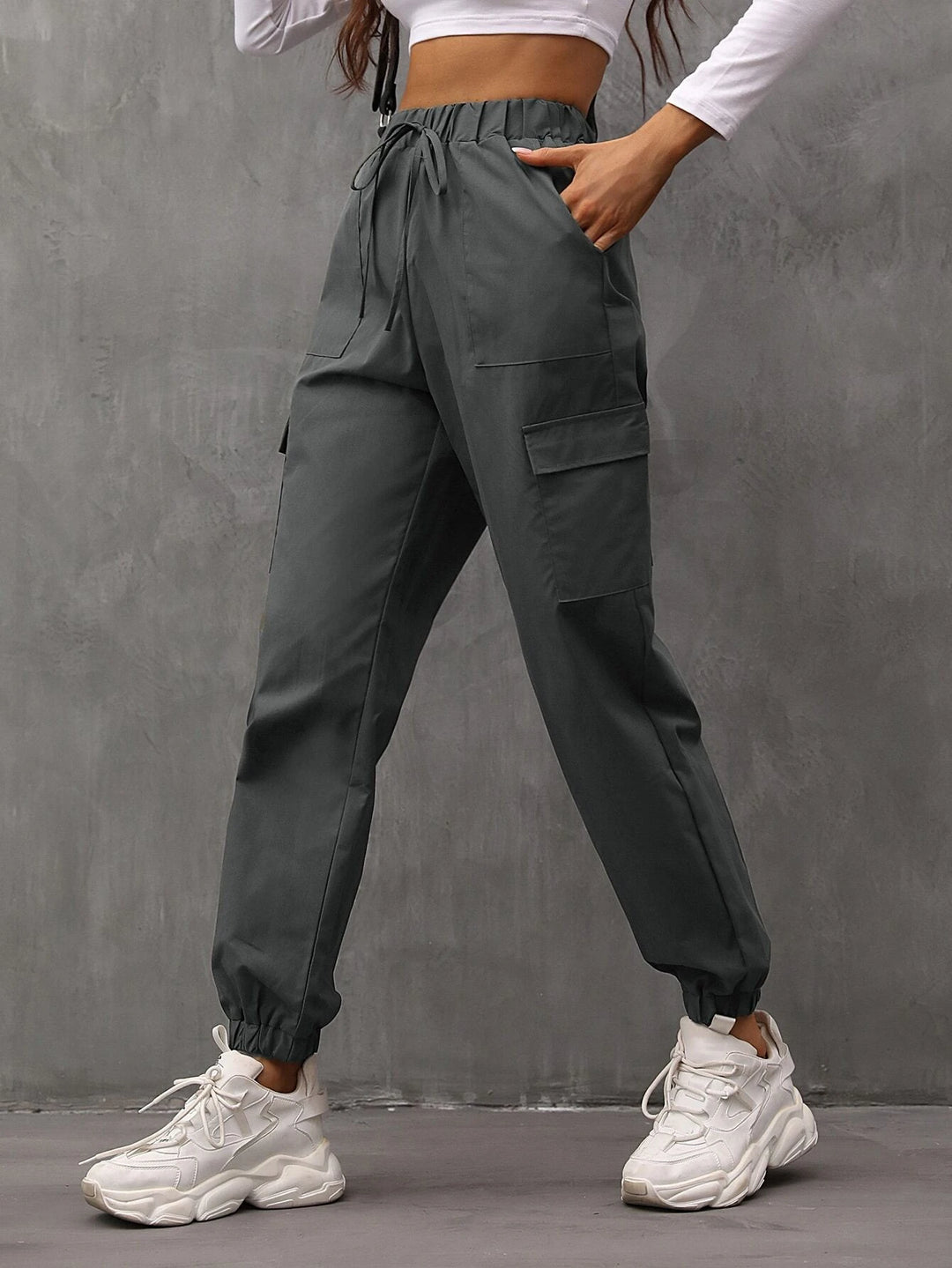 Drawstring Waist Flap Pocket Cargo Pants